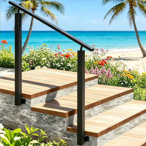 Adjustable Outdoor Stair Handrail Built Tough With Heavy Duty Galvanized Steel For Secure Porch And Deck Use Featuring Smooth Angle Alignment And No Sweat Side Mount Installation on wooden steps by the beach.