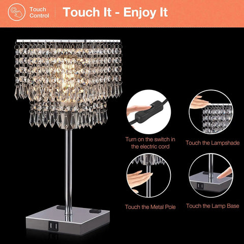 Dope Crystal Bedside Lamp With Dimmable Square Touch Control USB Ports And Dual Outlets Compact Nightstand Light glowing detail
