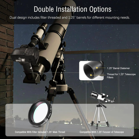Beefy One Point Two Five Inch Fixed Camera Adapter displayed on telescope with dual installation options, showing filter compatibility.