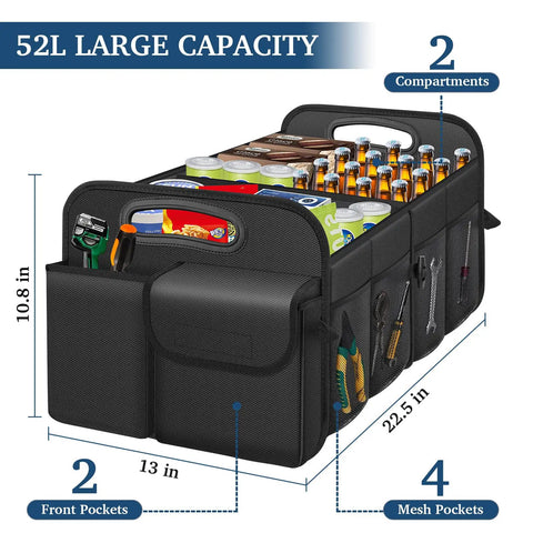 Collapsible Trunk Organizer With Big Capacity Waterproof Car Organizer for SUV Jeep or Sedan, black with compartments and pockets.