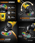 Cordless 4.5 Inch Angle Grinder With Brushless Motor And LED 3 Speed Settings showcasing features and components