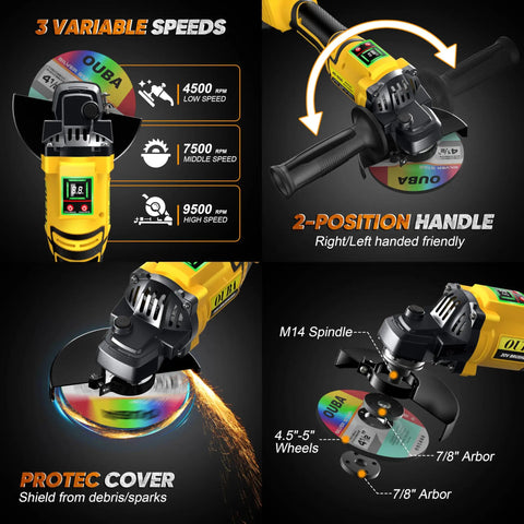 Cordless 4.5 Inch Angle Grinder With Brushless Motor And LED 3 Speed Settings showcasing features and components