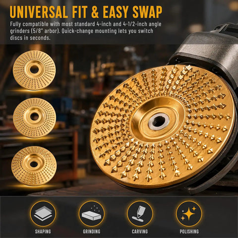 Close-up of Three Piece Wood Carving Disc Kit For Angle Grinders showing universal fit and easy swap feature in a workshop setting.