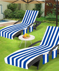 Oversized Beach Lounge Chair Towel Cover Set Of 2 With 3 Pockets Striped Dark Blue Microfiber Durable Quick Dry Fabric