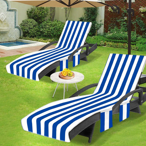 Oversized Beach Lounge Chair Towel Cover Set Of 2 With 3 Pockets Striped Dark Blue Microfiber Durable Quick Dry Fabric