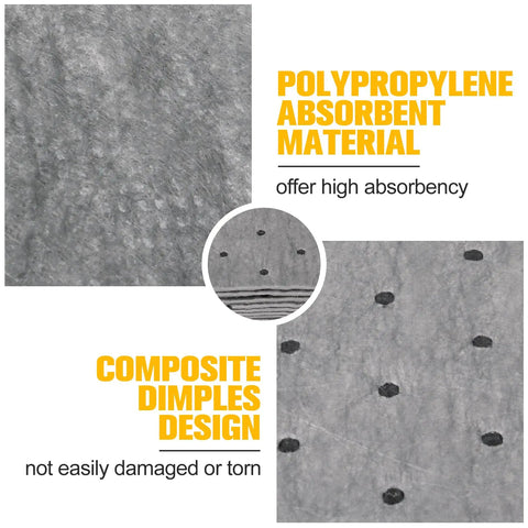 Heavy Duty Oil Absorbent Pads 100 Pack 13 X 10 Inch Meltblown Polypropylene absorbent material with dimples for durability.