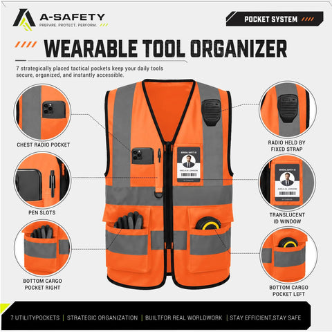 Big And Tall High Visibility Safety Vest Orange Reflective Construction Workwear Hella Roomy Loose Fit Polyester Machine Washable No Sweat Heavy Duty Outdoor Gear