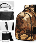 Old Town Ox Printed Unisex Backpack with large capacity, durable ox pattern, double zippers, side pockets, and sturdy handle.
