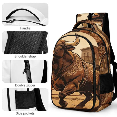 Old Town Ox Printed Unisex Backpack with large capacity, durable ox pattern, double zippers, side pockets, and sturdy handle.