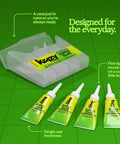 Heavy Duty Super Glue Fine Tip For Home Office Quick Fixes in a clear case holding four single-use tubes.