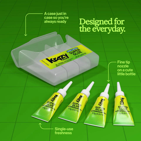 Heavy Duty Super Glue Fine Tip For Home Office Quick Fixes in a clear case holding four single-use tubes.