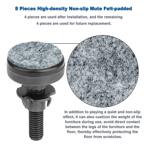 Close-up of high-density non-slip felt-padded screw-in leveler for furniture, showing detailed texture and threaded base.