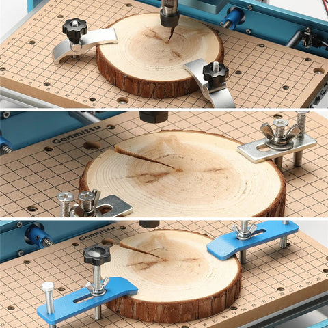 CNC MDF Grid Spoilboard for 3018 Router Compatible With 3018 Pro Series Mach3, 300x180x12mm, holding a wood piece with clamps.