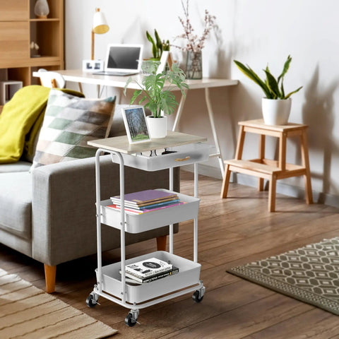 Living room setting featuring a 3 Tier Rolling Utility Cart With Drawer And Wood Tabletop Maple Finish Slick Mobile Side Table And Nightstand Slim Storage Trolley For Bedroom Bathroom Office And Art Supplies Easy Roll Casters.
