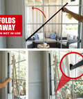 Heavy Duty Sliding Door Security Bar With Child Proof Anti Lift Lock And No Sweat Setup For Adjustable Patio And Window Defense Up To Fifty One Inches Black Steel Bar in use, shown folding away.