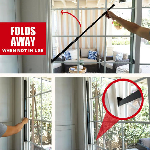 Heavy Duty Sliding Door Security Bar With Child Proof Anti Lift Lock And No Sweat Setup For Adjustable Patio And Window Defense Up To Fifty One Inches Black Steel Bar in use, shown folding away.