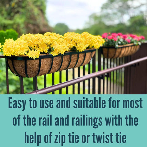 Slap These Black Metal Wall Planters On Any Deck Railing For A Quick Backyard Glow Up With A 2 Pack Of 24 Inch Outdoor Garden Boxes Equipped With Natural Coco Liners For Fence Balcony And Patio Vibes with bright yellow flowers on railing.