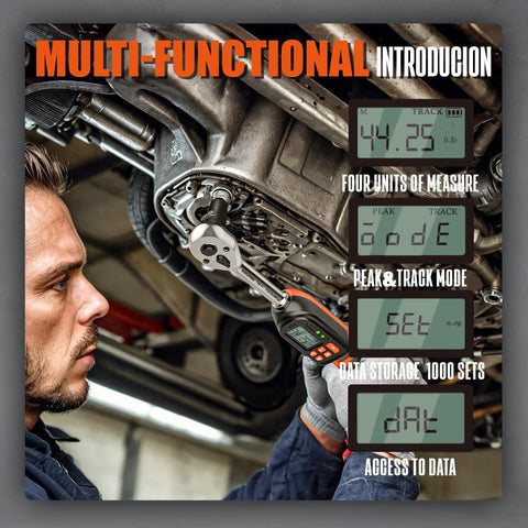 Mechanic using a Three Eighths Inch Digital Torque Wrench With LED Flash And Buzzer Alerts, Two Percent Accuracy, on vehicle engine.