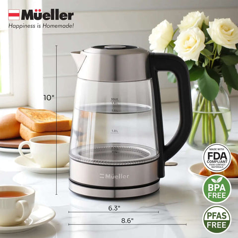 Rapid Boil Electric Tea Kettle 1.8L with Borosilicate Glass and Stainless Steel BPA Free LED Indicator Light on kitchen counter