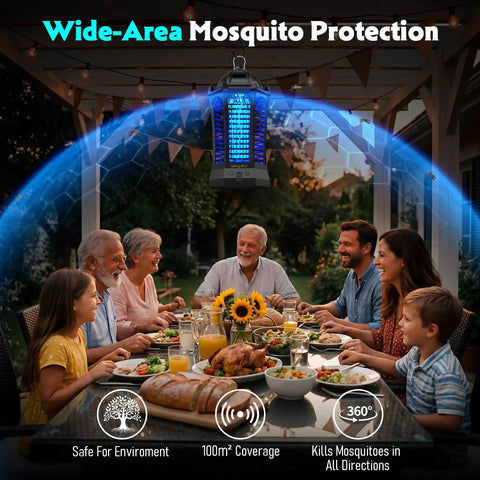 Outdoor And Indoor 3 In 1 4500V Mosquito Killer with Camping Light hanging above patio dining table in use