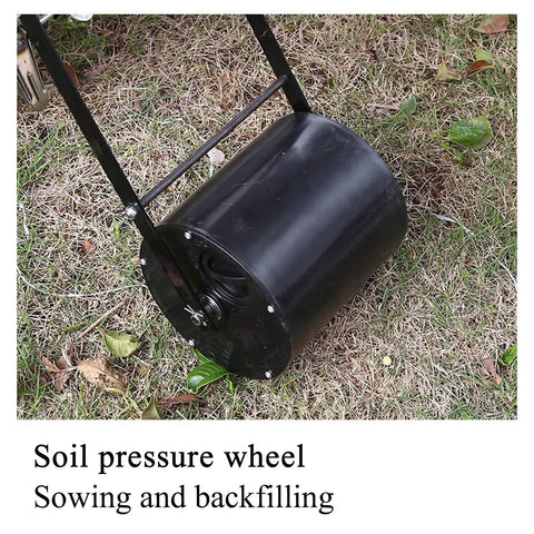 Close-up of soil pressure wheel on Garden Seed Dispenser and Row Crop Planter for Easy Sowing, No Bend Manual Lawn Spreader.