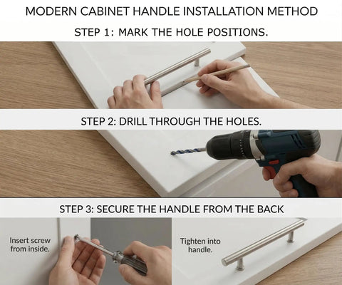 Modern cabinet handle installation steps with marking, drilling, and securing on a wooden board.