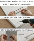 Installation guide for 10 Pack Flat Black Clear Glass Cabinet Handle Pulls With 3 Inch Hole Centers, steps include marking, drilling, securing.