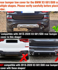 Rear bumper compatibility chart for BMW X3 G01/G08 2018-2020 tow hook covers, showing correct and incorrect shapes with focus keyword.