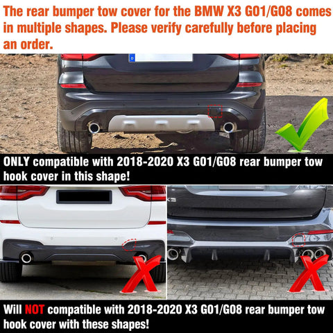 Rear bumper compatibility chart for BMW X3 G01/G08 2018-2020 tow hook covers, showing correct and incorrect shapes with focus keyword.