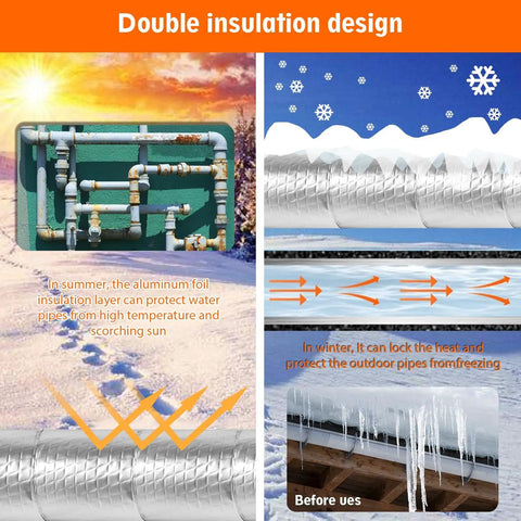 Diagram showing self adhesive foam pipe insulation tape 2 inch wide by 33 feet outdoor aluminum foil finish in summer and winter conditions.