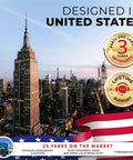 Empire State Building skyline view with text 'Designed in United States', featuring warranty badges.