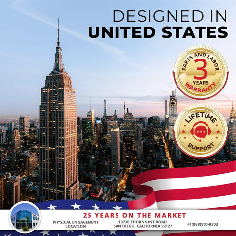 Empire State Building skyline view with text 'Designed in United States', featuring warranty badges.