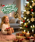 Happy child with gift by Christmas tree lit with Vintage Clear C9 Christmas String Lights 100 Ft Outdoor Waterproof Lights.