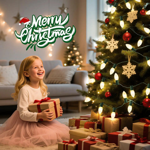 Happy child with gift by Christmas tree lit with Vintage Clear C9 Christmas String Lights 100 Ft Outdoor Waterproof Lights.