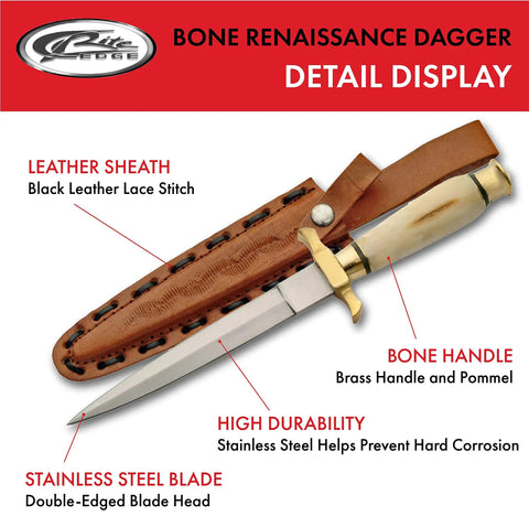 12.5 Inch Renaissance Dagger With Genuine Bone Handle, Durable Stainless Steel Blade, Brass Guard, Leather Sheath Detail Display