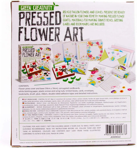 Back of Green Creativity Pressed Flower Art Kit showing contents including cards and trinket boxes with pressed flowers.