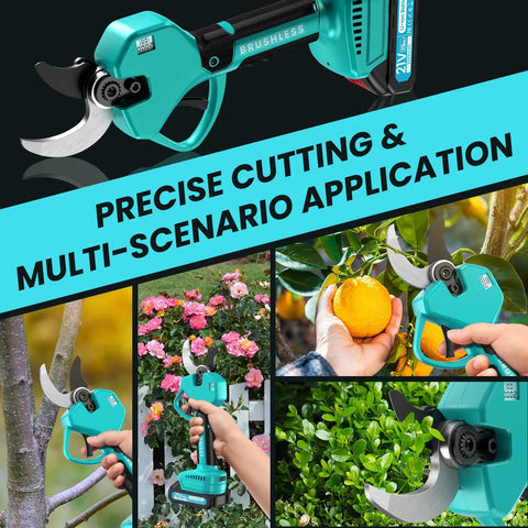 Smooth Cordless Electric Pruning Shears Featuring Brushless Motor And Dual 2Ah Batteries for precise cutting on branches and plants.