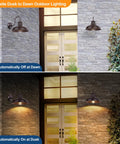 Two Pack Dusk To Dawn Outdoor Wall Sconces Gooseneck Barn Lights in Oil Rubbed Bronze shown by day and night, next to door