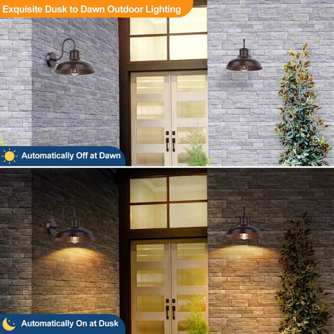 Two Pack Dusk To Dawn Outdoor Wall Sconces Gooseneck Barn Lights in Oil Rubbed Bronze shown by day and night, next to door