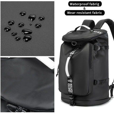 40L Waterproof Gym Duffle Bag With Convertible Design From Shoulder Bag To Cylinder Travel Case, black fabric rain droplets and zippers.
