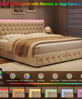 Queen Size Velvet Bed Frame Featuring Smooth As Butter Storage Drawers, Smart Led Chill Lights, Adjustable Headboard, Button Tufted Modern Platform Bed, Solid Wood Slats, No Sweat Assembly, Beige with RGB LED lights.