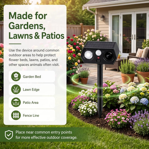 Solar Ultrasonic Critter Repeller With Motion Sensor And LED Flashing Light For Outdoor Yards And Gardens Deterring Deer Cats Dogs Rabbits Squirrels Raccoons And More Two Pack installed in flower bed