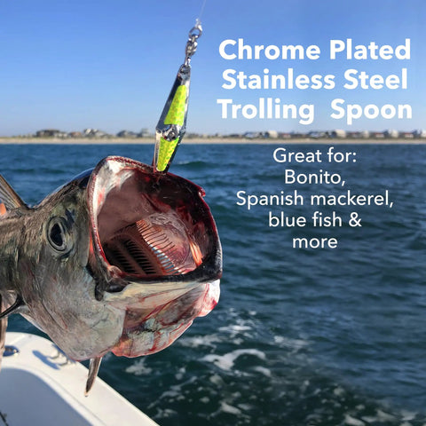 Precision Spoon Squid Fishing Lure For Spanish Mackerel Bluefish Tuna And More Size Zero With Ball Bearing Swivel Five Pack Assorted Chrome Pink Flash Silver Flash Chartreuse Flash Gold Flash Tackle Pro Grade Gear chrome plated stainless steel trolling spoon on fish