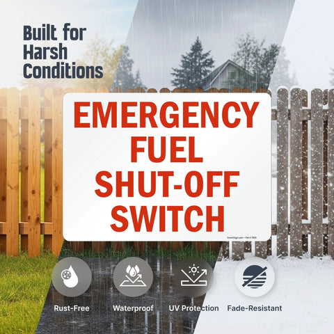 Heavy Duty Rock Solid Emergency Fuel Shut Off Switch Sign Crafted From Hella Tough Laminated Aluminum for Garage Workshop with waterproof features.