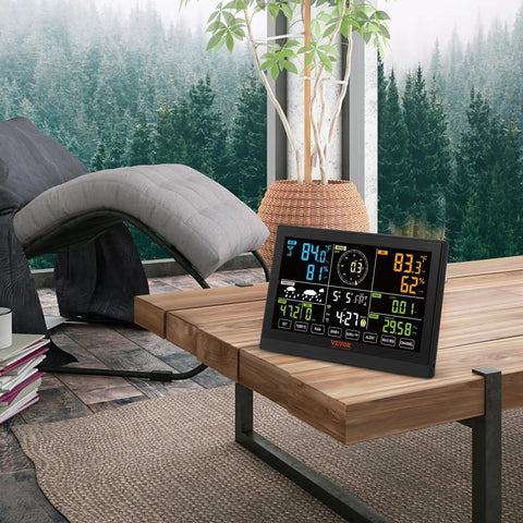 All In One WiFi Weather Station With 7 In 1 Sensor For Indoor Outdoor Use, 7.5 Inch Color Display on wooden table indoors