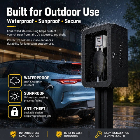 Heavy Duty Steel EV Charger Enclosure Weatherproof Outdoor Charging Station Box With Secure Keyless Combo Lock in the rain, next to an electric vehicle.
