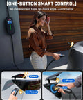 Woman using the 2026 Upgraded Tesla Mobile Home Charger Level 1 And 2 16 Amp Smart Schedule Nema 5 15 6 20 Plug with ease.