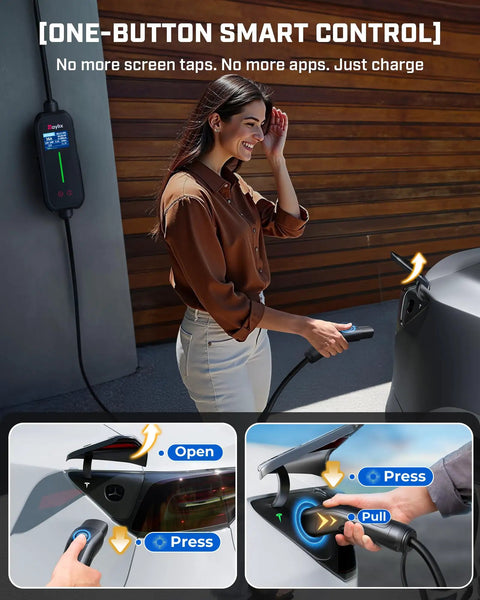 Woman using the 2026 Upgraded Tesla Mobile Home Charger Level 1 And 2 16 Amp Smart Schedule Nema 5 15 6 20 Plug with ease.