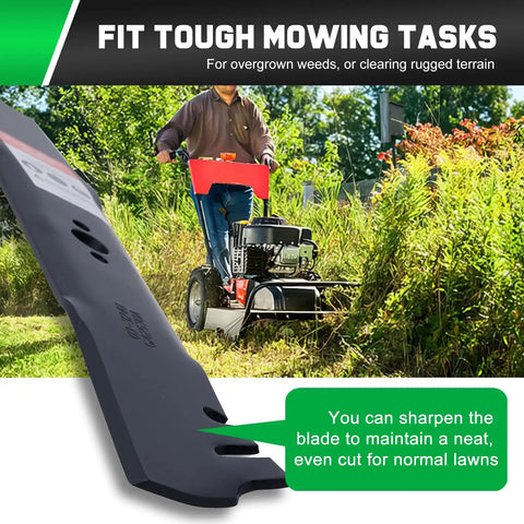 Close-up of 30 Inch Timemaster Mower Blades for Time Master Turfmaster model with mower cutting through tall grass.