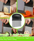 LARGE wavy crinkle cutter with black plastic handle and stainless steel blade, shown in collage of angles.